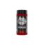 a red and black container with a black label